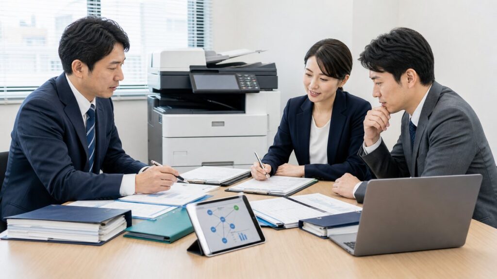 秘密保持を前提に資料を確認するM&A打ち合わせの様子