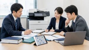 秘密保持を前提に資料を確認するM&A打ち合わせの様子