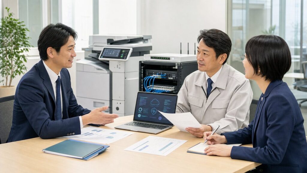 店舗設備やシステムを確認しながら事業承継を相談する様子