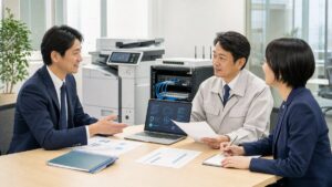 店舗設備やシステムを確認しながら事業承継を相談する様子
