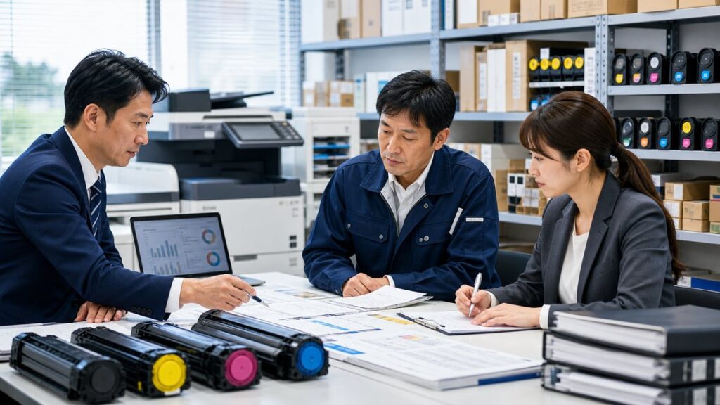 店舗運営資料や在庫を確認しながらフランチャイズ譲渡を検討する様子