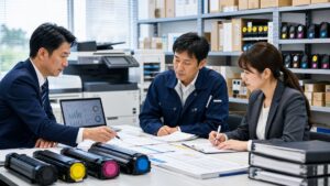 店舗運営資料や在庫を確認しながらフランチャイズ譲渡を検討する様子
