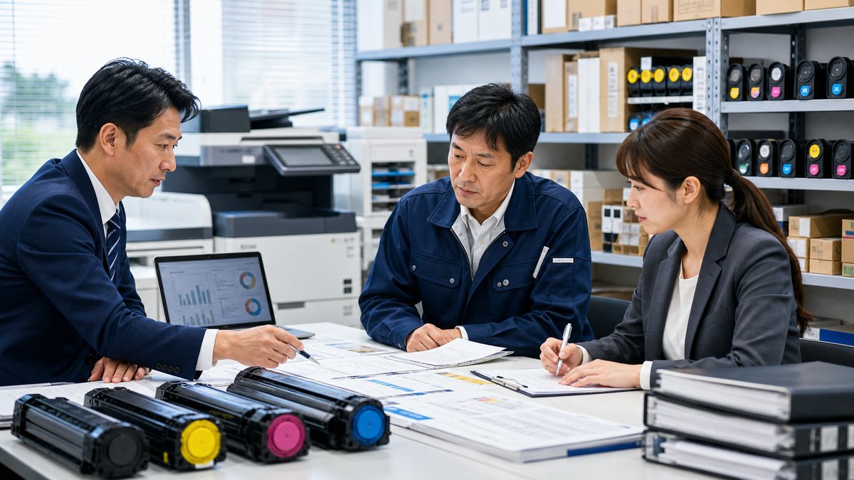 店舗運営資料や在庫を確認しながらフランチャイズ譲渡を検討する様子
