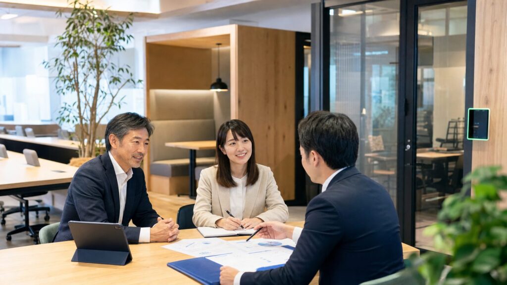 コワーキングスペースのフランチャイズ事業承継について相談する経営者と専門家