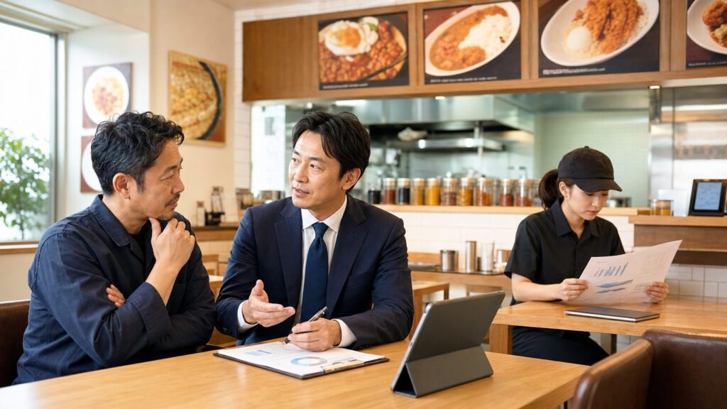 カレー店舗のフランチャイズ事業承継について相談する経営者と専門家