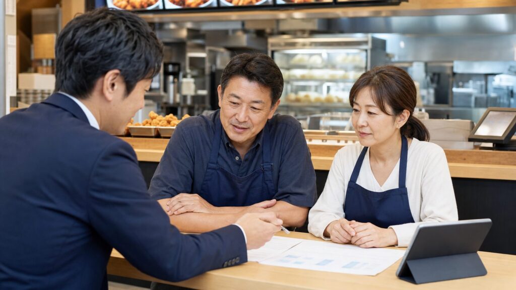 唐揚げフランチャイズ事業の承継相談を行う経営者と専門家