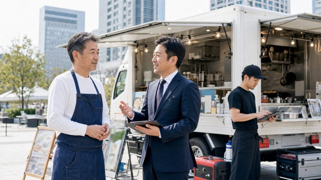 キッチンカーのフランチャイズ事業承継について相談する経営者と専門家