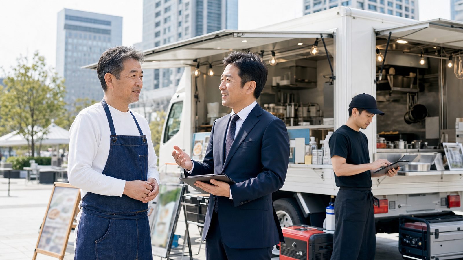 キッチンカーのフランチャイズ事業承継について相談する経営者と専門家