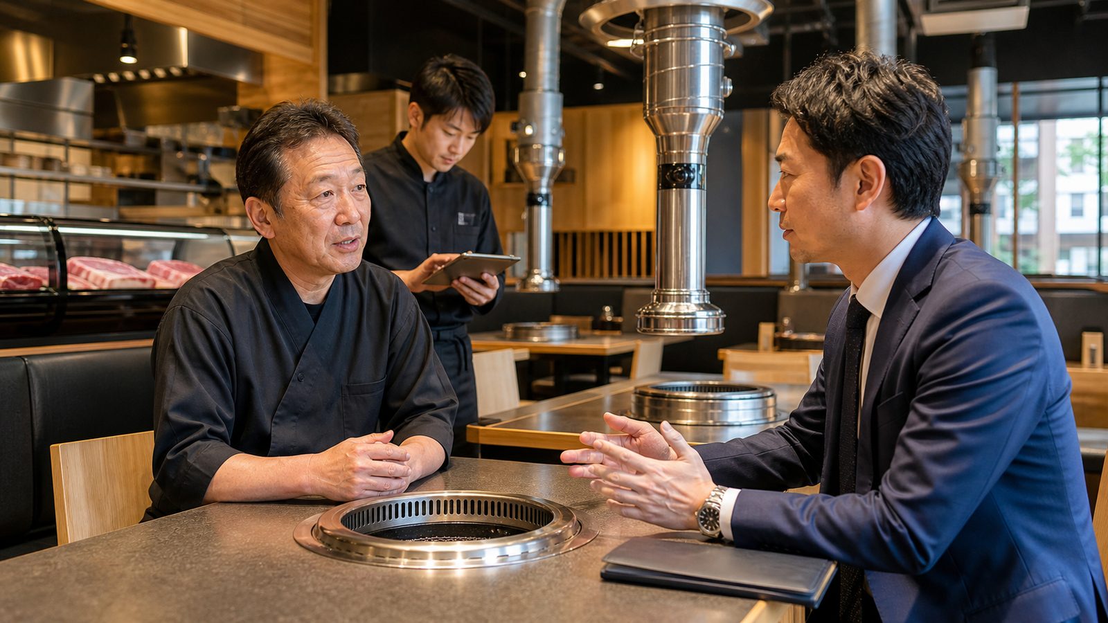 焼肉店のフランチャイズ事業承継について相談する経営者と専門家