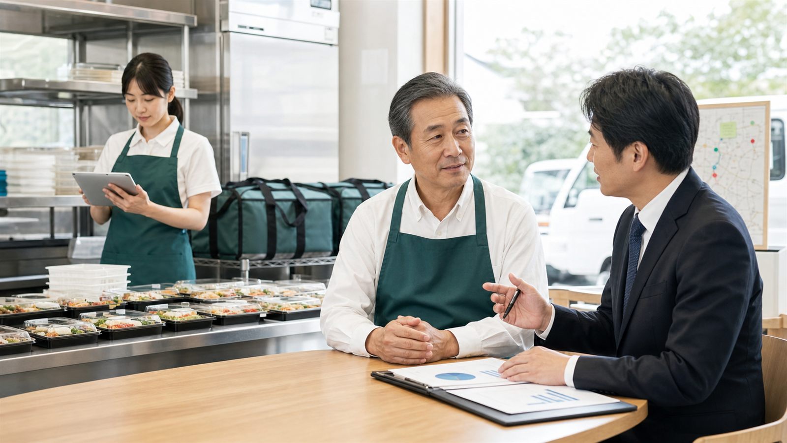 宅配弁当事業のフランチャイズ承継について相談する経営者と専門家
