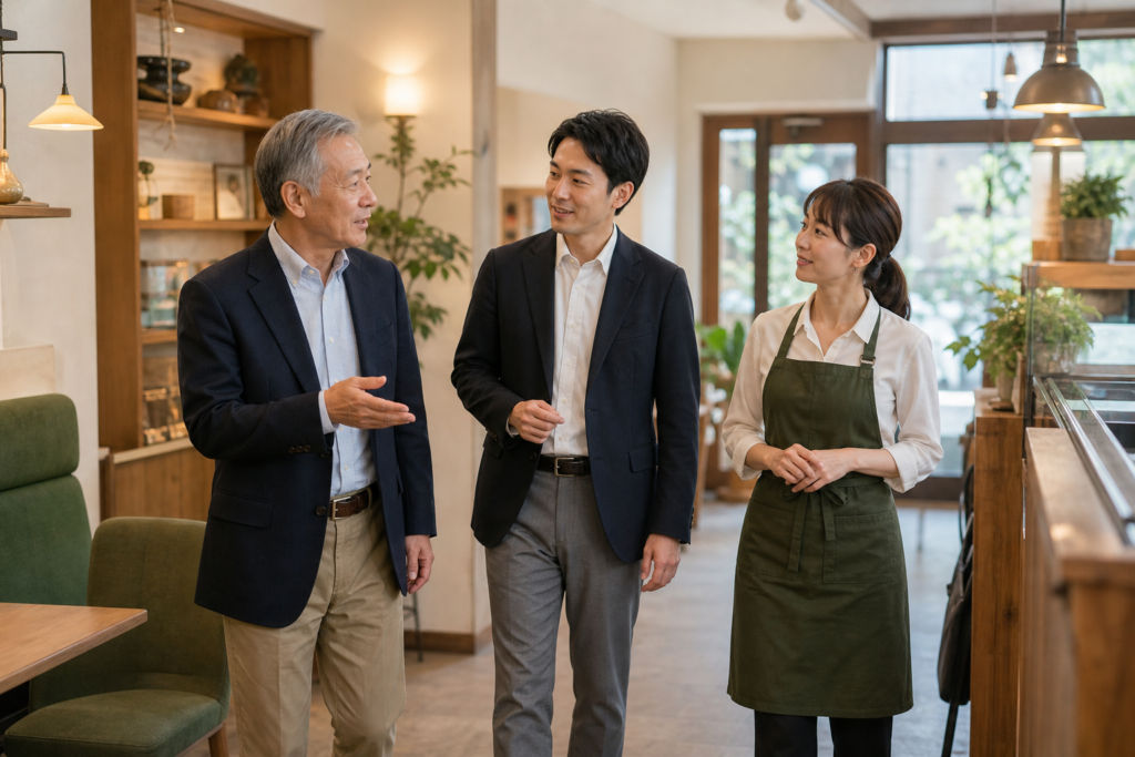 フランチャイズ店舗の承継現場を確認する経営者と買い手候補