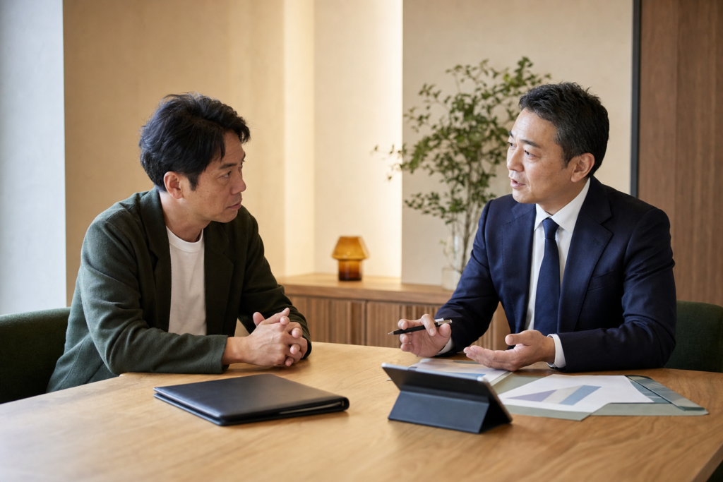 フランチャイズ事業の売却相談をする経営者とM&Aアドバイザー