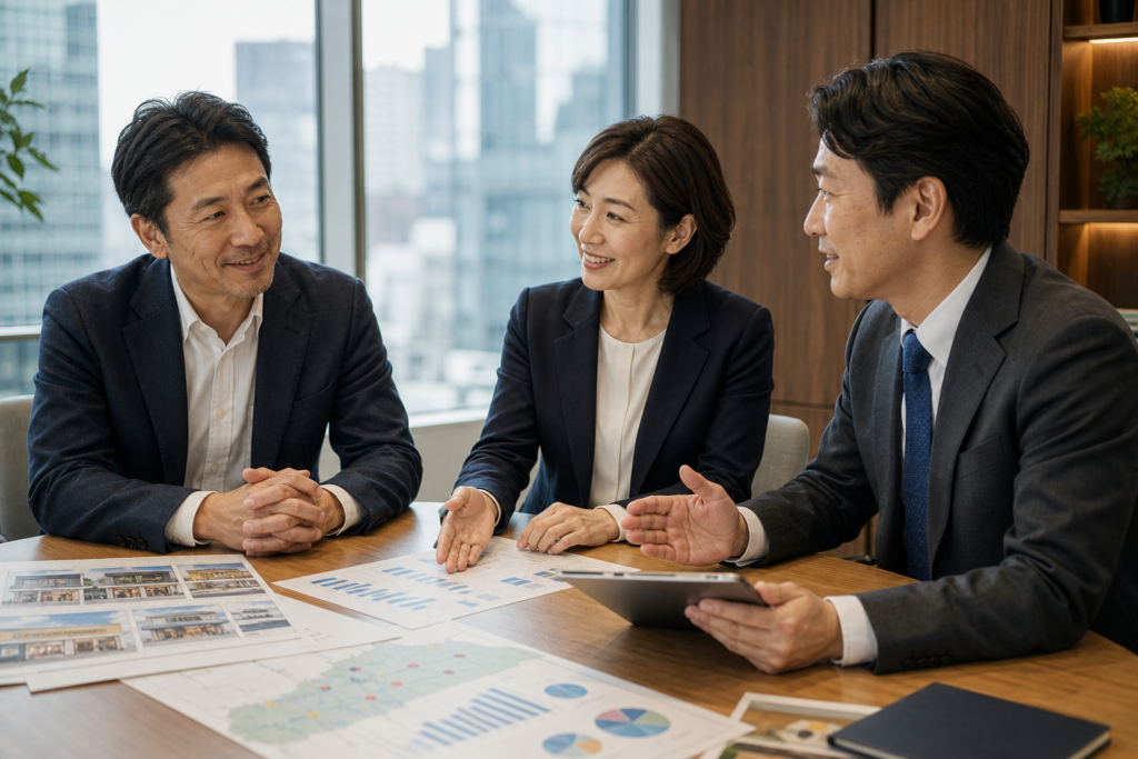 フランチャイズ事業の譲渡相談をする経営者とM&Aアドバイザー