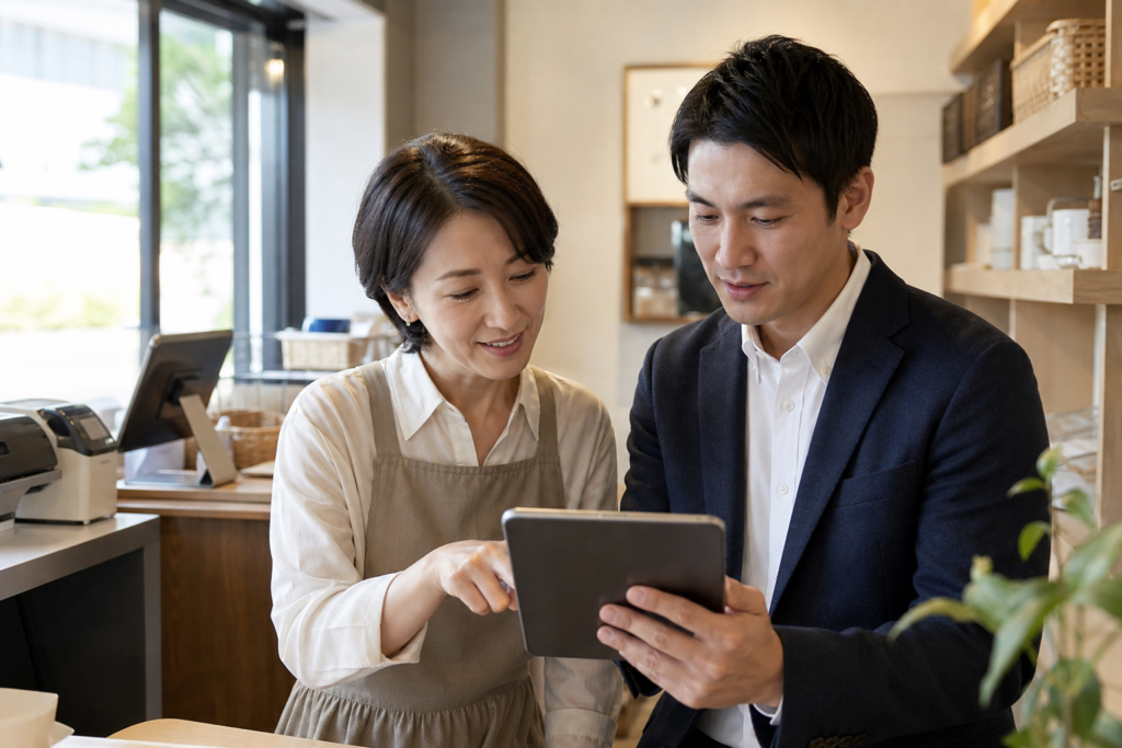 店舗運営を確認するフランチャイズオーナーとM&Aアドバイザー