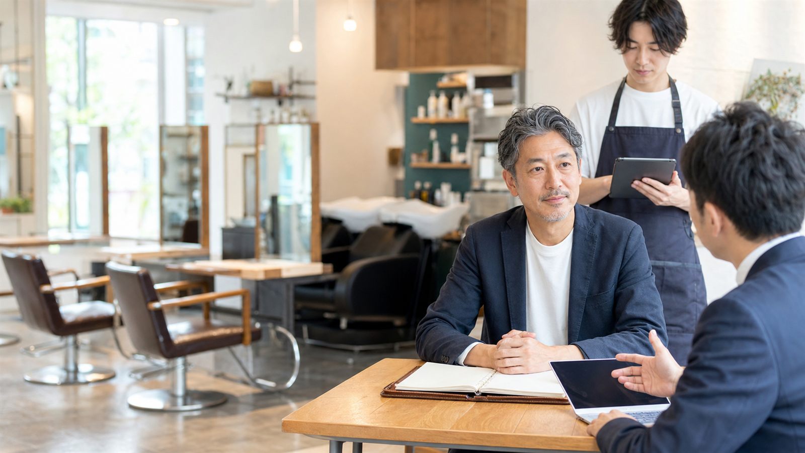 美容室のフランチャイズ事業承継について相談する経営者と専門家