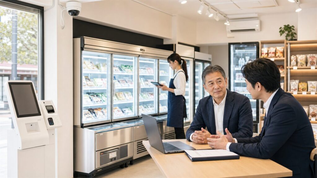無人販売店舗のフランチャイズ事業承継について相談する経営者と専門家