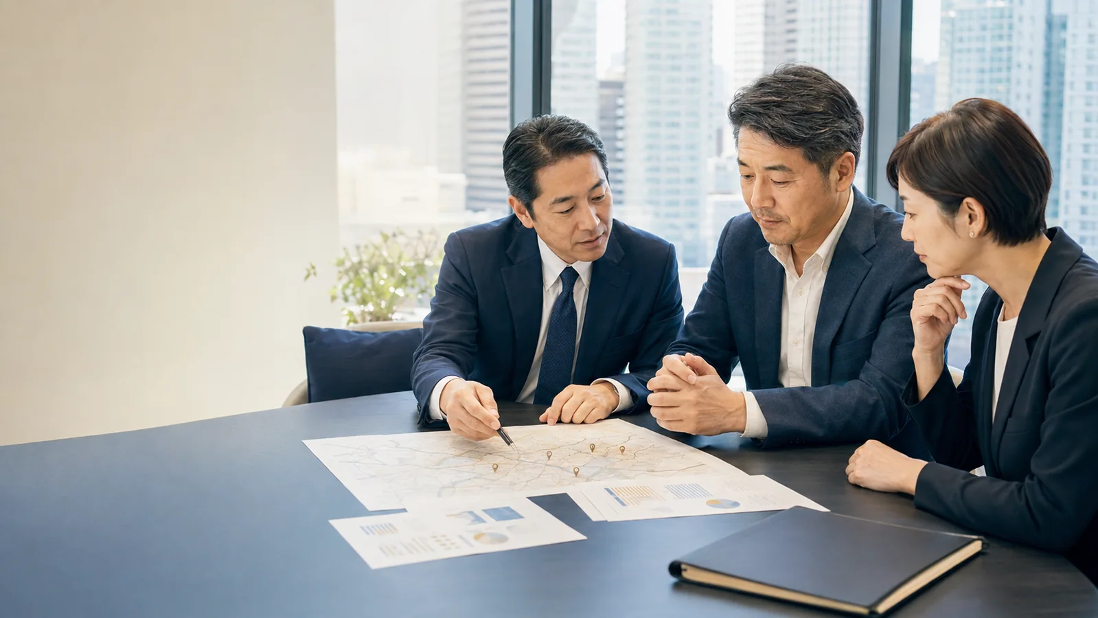 フランチャイズ事業の譲渡方針を経営者とM&Aアドバイザーが話し合う様子(イメージ)