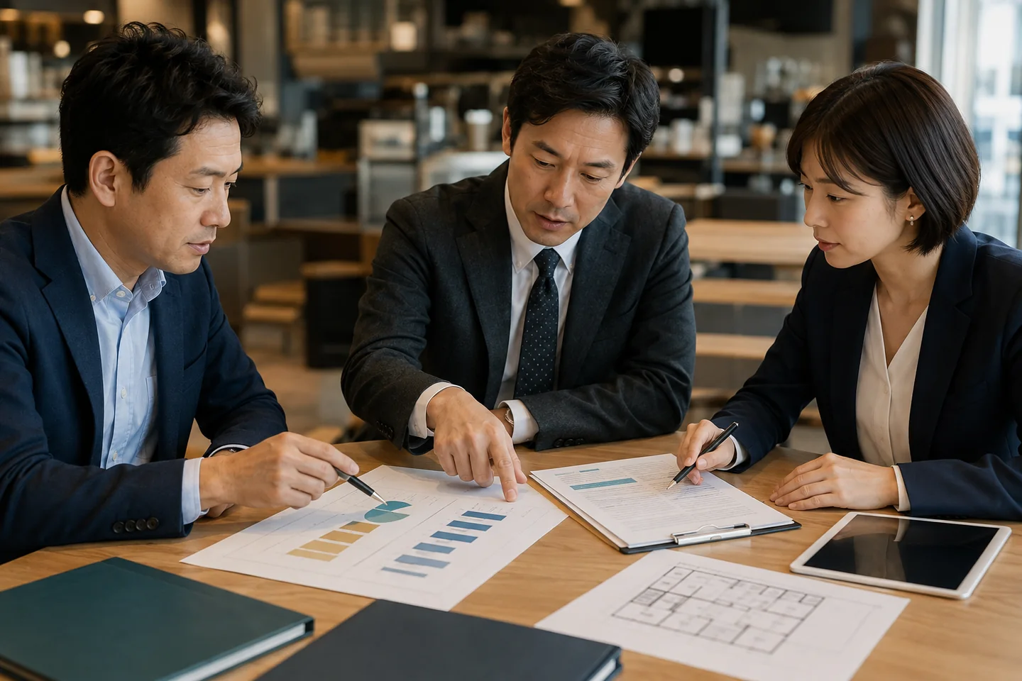 フランチャイズ契約と店舗別収益資料を専門家と確認する様子(イメージ)