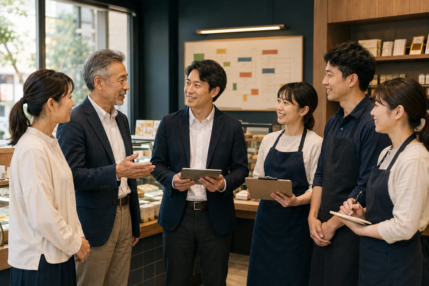 フランチャイズ店舗の事業承継と営業初日の引継ぎを話し合う経営者とスタッフ(イメージ)